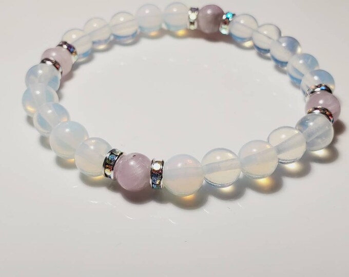 Pink Kunzite Chakra Beaded Gemstone Bracelet with Opal