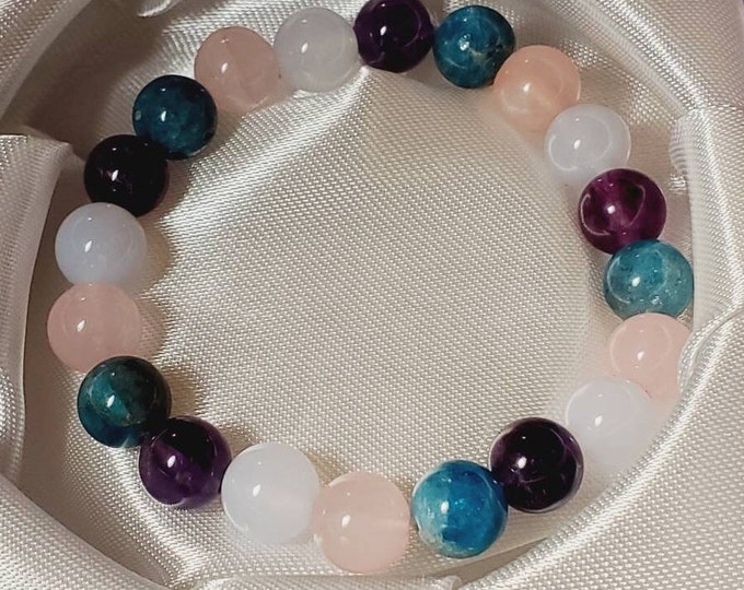 Energizing Natural Crystal Bracelet - Rose Quartz, Aquamarine 8mm Beads - Meditation Yoga Reiki Jewelry - Gift Ideas for Her