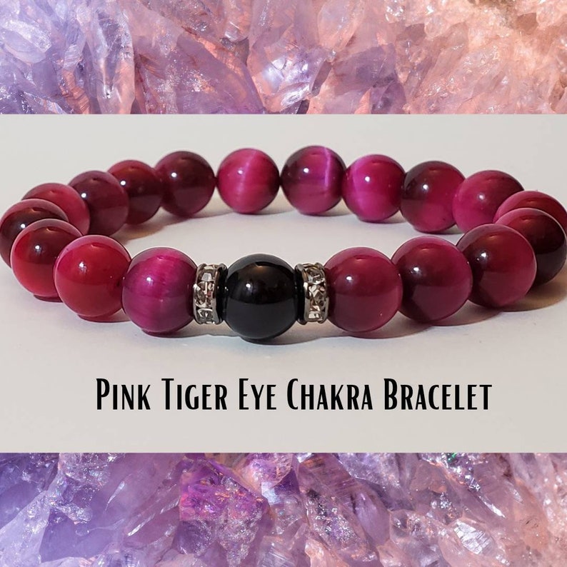 Black Onyx and Pink Tiger Eye Beaded Gemstone Bracelet Natural Balance Healing Chakra Bracelet