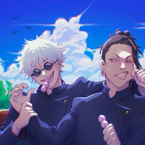Puede incluir: Ilustración digital de dos personajes de estilo anime, uno con cabello blanco y gafas de sol, el otro con cabello oscuro, ambos con atuendos azul oscuro. Sostienen caramelos rosas en palitos, con un cielo azul y follaje verde de fondo.
