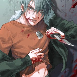 Peut inclure: Illustration d'une personne aux cheveux bleus et portant un t-shirt orange, tenant un couteau. La personne a du sang sur le visage et les mains. Il porte un collier avec une plaque d'identité et une veste vert foncé.