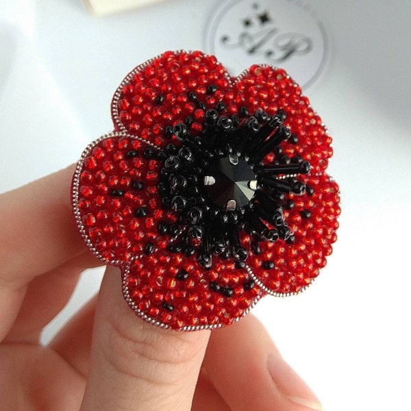 Exquisite red poppy brooch, Handmade embroidered poppy brooch, Red flower jewelry