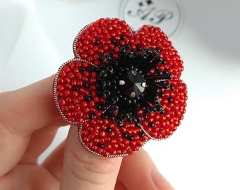 Exquisite red poppy brooch, Handmade embroidered poppy brooch, Red flower jewelry