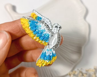 Handmade blue and yellow bird brooch, Dove of peace embroidered brooch, Vibrant dove jewelry