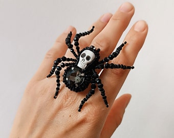 Luxury Gothic Spider Ring with Skull – Unique Handmade Dark Halloween Jewelry – Designer Gift