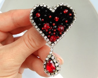 Velvet Heart Brooch: Black & Red Rhinestone Handmade Pin