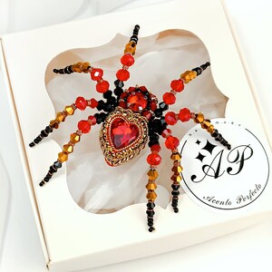 Luxury red spider brooch, Handmade bright red spider pin, Embroidered beaded brooch, Gothic jewelry