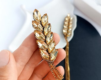 Elegant sparkling spikelet brooch, Wheat brooch, Crystal chain jewelry, Embroidered handmade brooch