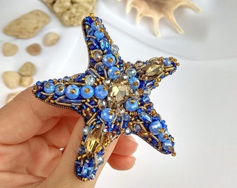 Bright blue starfish brooch, Nautical jewelry, Summer beach jewelry, Sea-star crystal brooch handmade, Collar pin