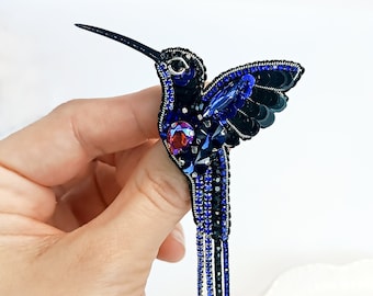 Navy blue hummingbird brooch, Handmade embroidered bird brooch, Small brooch for women, Handmade gift