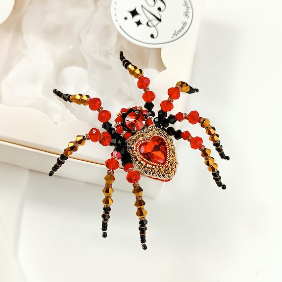 Handmade Beaded Spider Brooch with Red Heart Crystal, Romantic Statement Jewelry
