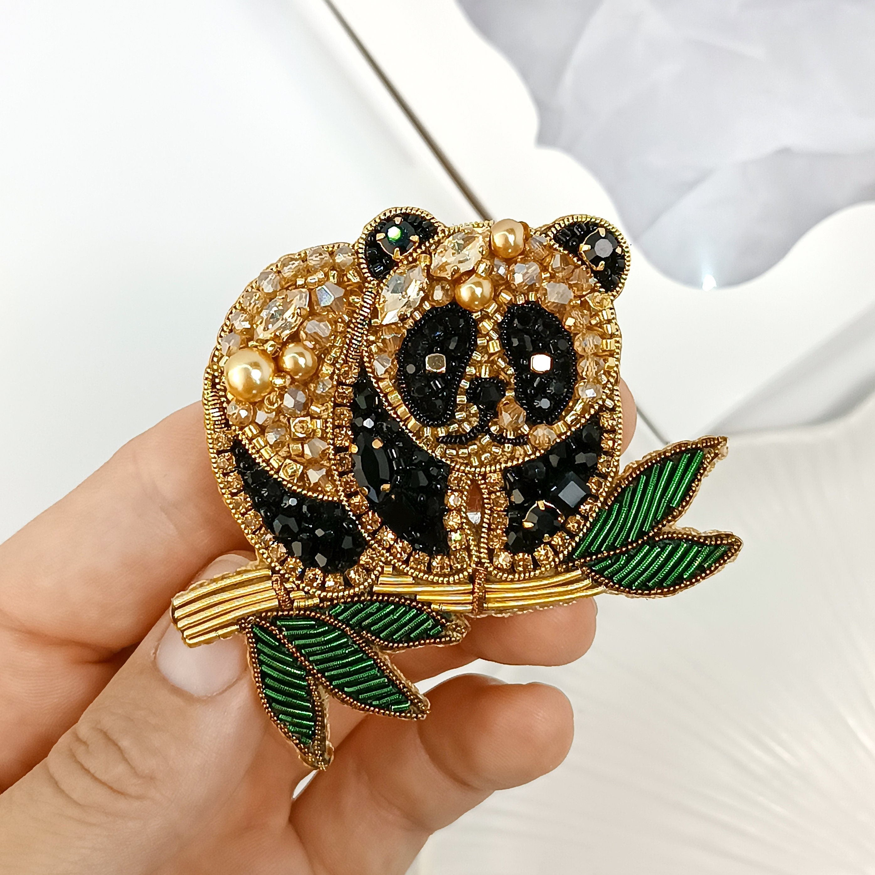 AcentoPerfecto Panda Bear Brooch Handmade Panda Brooch Embroidered Gold Black Bear Pin Brooch Panda On Bamboo Shoot