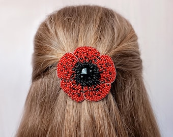 Beaded Red Poppy Flower Hair Clip: Handmade Floral Hair Jewelry