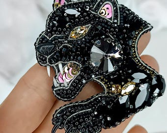Handmade Black Panther Beaded Brooch, Statement Animal Jewelry, Crystal Embroidered Pin