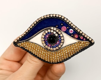 Handmade Beaded Eye Brooch: Blue & Gold Embroidered Jewelry Pin