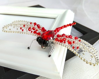 Red dragonfly brooch, Embroidered dragonfly jewelry, Handmade insect brooch, Handmade gift