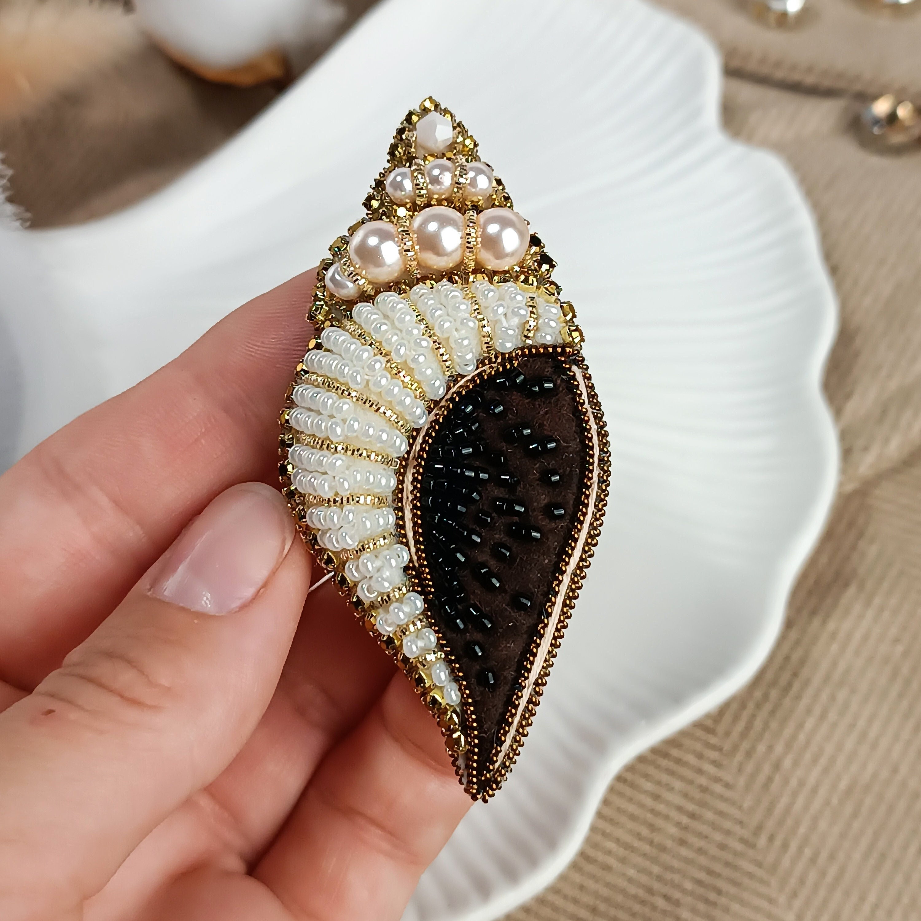 Embroidered Beaded Seashell Art Pin, Handmade Sparkling Sea