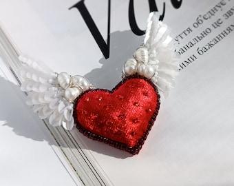 Embroidered heart wings brooch, Elegant handcrafted wings angel brooch, Unique beaded gift for her, Gift for woman