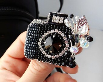Beaded Camera Brooch: Handmade Photography Lover Gift