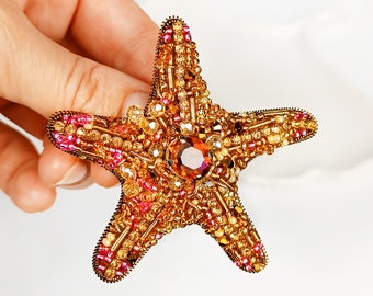 Beautiful gold starfish brooch, Handmade nautical jewelry, Sea star pin, Beach brooch embroidered beaded, Handmade gift