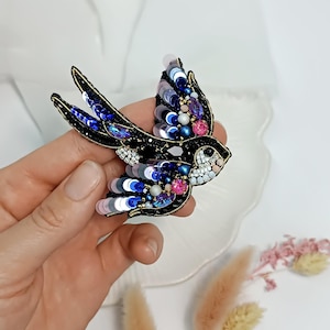 Embroidered Swallow Bird Brooch, Handmade Flying Bird Pin, Luxury Beaded Jewelry Gift