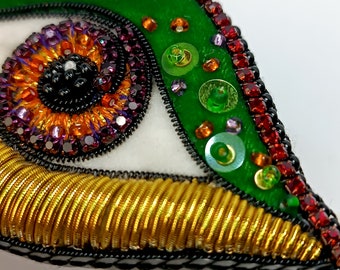 Embroidered Velvet Evil Eye Brooch, Handmade Beaded Amulet