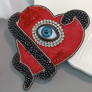 Embroidered red heart brooch with eye, Handmade heart eyeball jewelry, Unique brooches for women