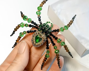 Handmade Beaded Spider Brooch with Green Heart, Unique Crystal Insect Jewelry