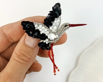 Handmade beaded stork brooch, Embroidered bird brooch, Crane bird pin, Unique handmade gift