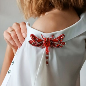 Handmade Beaded Red Dragonfly Brooch: Embroidered Insect Jewelry Gift