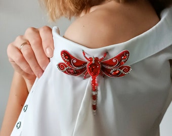 Handmade Beaded Red Dragonfly Brooch: Embroidered Insect Jewelry Gift