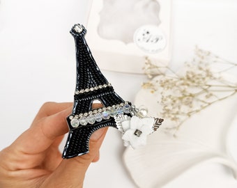 Handmade Eiffel Tower Brooch, Beaded Crystal Paris Pin in Classic Style