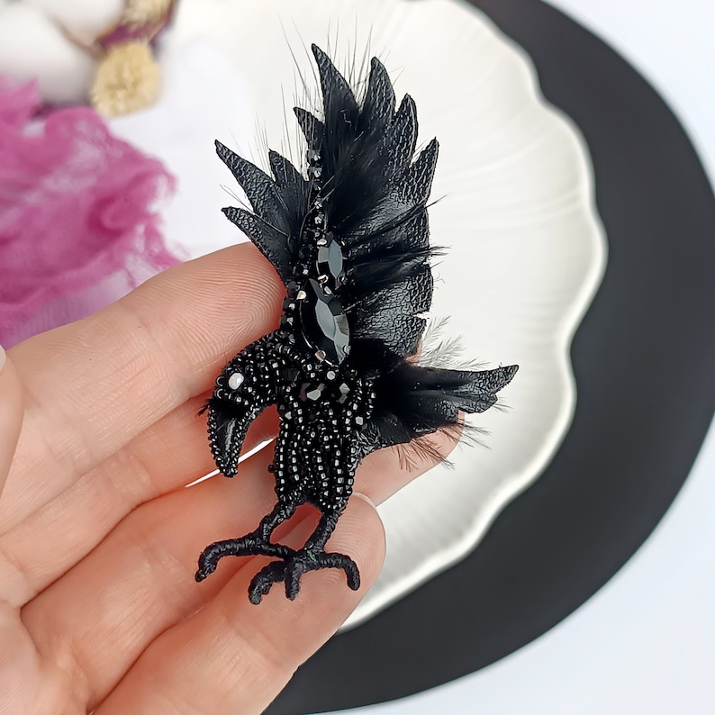Embroidered Raven Brooch: Handmade Gothic Crow Jewelry - Etsy