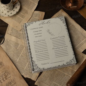 May include: A spiral bound journal with a black and white floral design on the cover. The journal is titled "Herbs" and has sections for common name, magical uses, medicinal uses, cautions/toxicity, metaphysical uses, and native to.