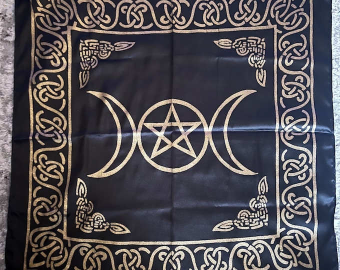 Black and Gold Triple Moon Pentagram Satin Altar Cloth