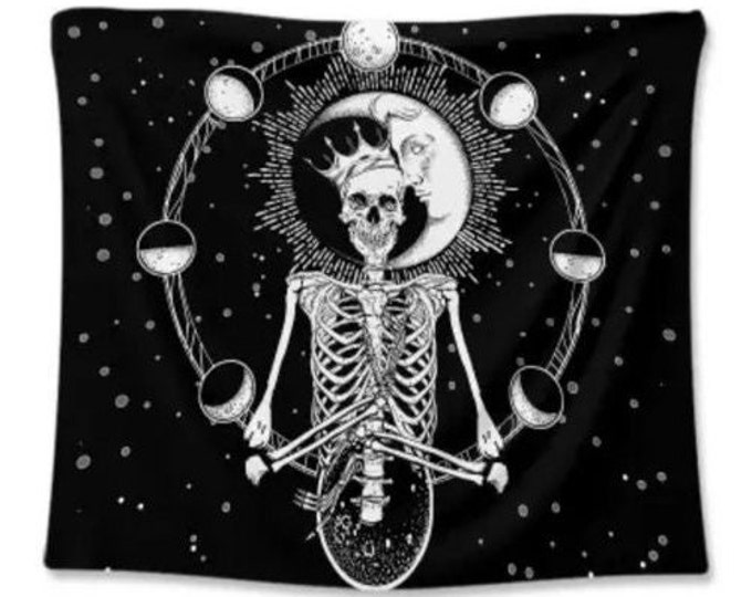 Black and White Mystic Wall Tapestry | Psychedelic Art | Home Decor | Sun | Moon Phase | Star | Skeleton | Chakra | Celestial | Divination