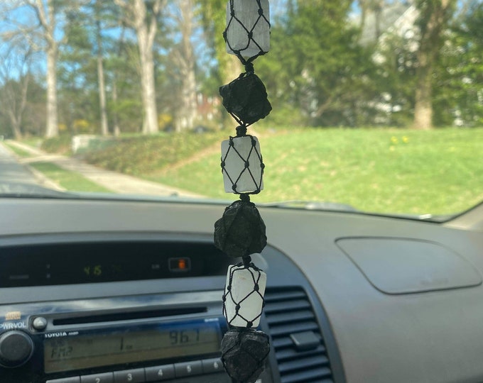 Selenite & Tourmaline Car Charm | Chakra  Tassel | Gemstone Talisman | Gemstone Hanging Decor | Home Decor | Travel Protection Charm