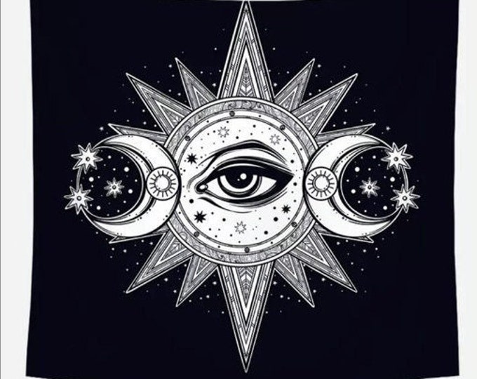 Black and White Mystic Wall Hanging | Psychedelic Art | Divination Decor | Sun | Moon | Star | Triple Moon Tapestry | Third Eye | Evil Eye