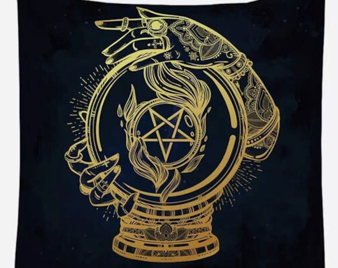 Black and Gold Mystic Wall Tapestry | Psychedelic Art | Home Decor | Crystal Ball | Divination | Pentagram | Fortune Teller Tapestry