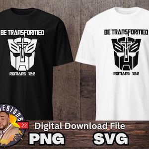 May include: Two black and white t-shirts featuring a graphic of a robot with a cross on its chest. The text "BE TRANSFORMED" and "ROMANS 12:2" is printed on the shirts.