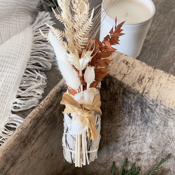 Organic White Sage Smudge Stick with rough quartz point + Dried Florals