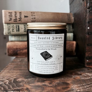 HAUNTED LIBRARY Soy Wax Candle for the Book Lover, Bookish Home Decor, Wooden Aisles, Leather and Black Violet