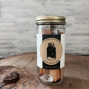 Palo Santo Kit in Glass Jar, Home Cleansing Bundle with Quartz Crystal, Feather, Beeswax Candle and Dried Florals