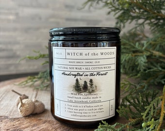 WITCH of WOODS Winter Candle, Warm Woodsy Scent, Citrine Crystal, White Birch and Smoke