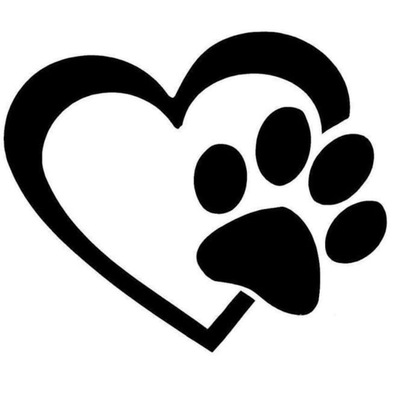 May include: Black and white silhouette of a heart with a paw print inside. The paw print is on the right side of the heart.