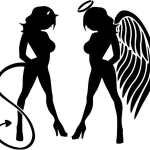 May include: Silhouette of two figures, one with angel wings and a halo, the other with a tail, representing good and evil.