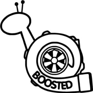 May include: Black and white line art illustration of a turbocharger with the word "BOOSTED" written on it. The turbocharger is shaped like a snail with two antennas.