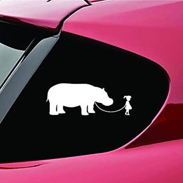 Girl Walking a Hippopotamus Hippo Vinyl Decal Sticker - Made in USA