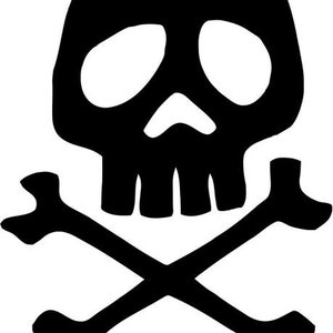 May include: A black and white illustration of a skull and crossbones.