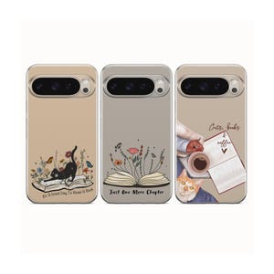 May include: Three phone cases with distinct illustrations. The first shows a black cat on an open book with flowers and the text 'It's A Good Day To Read A Book'. The second features an open book with flowers and 'Just One More Chapter'. The third shows a cat, a coffee cup, and an open book with 'Cats, books & coffee'.